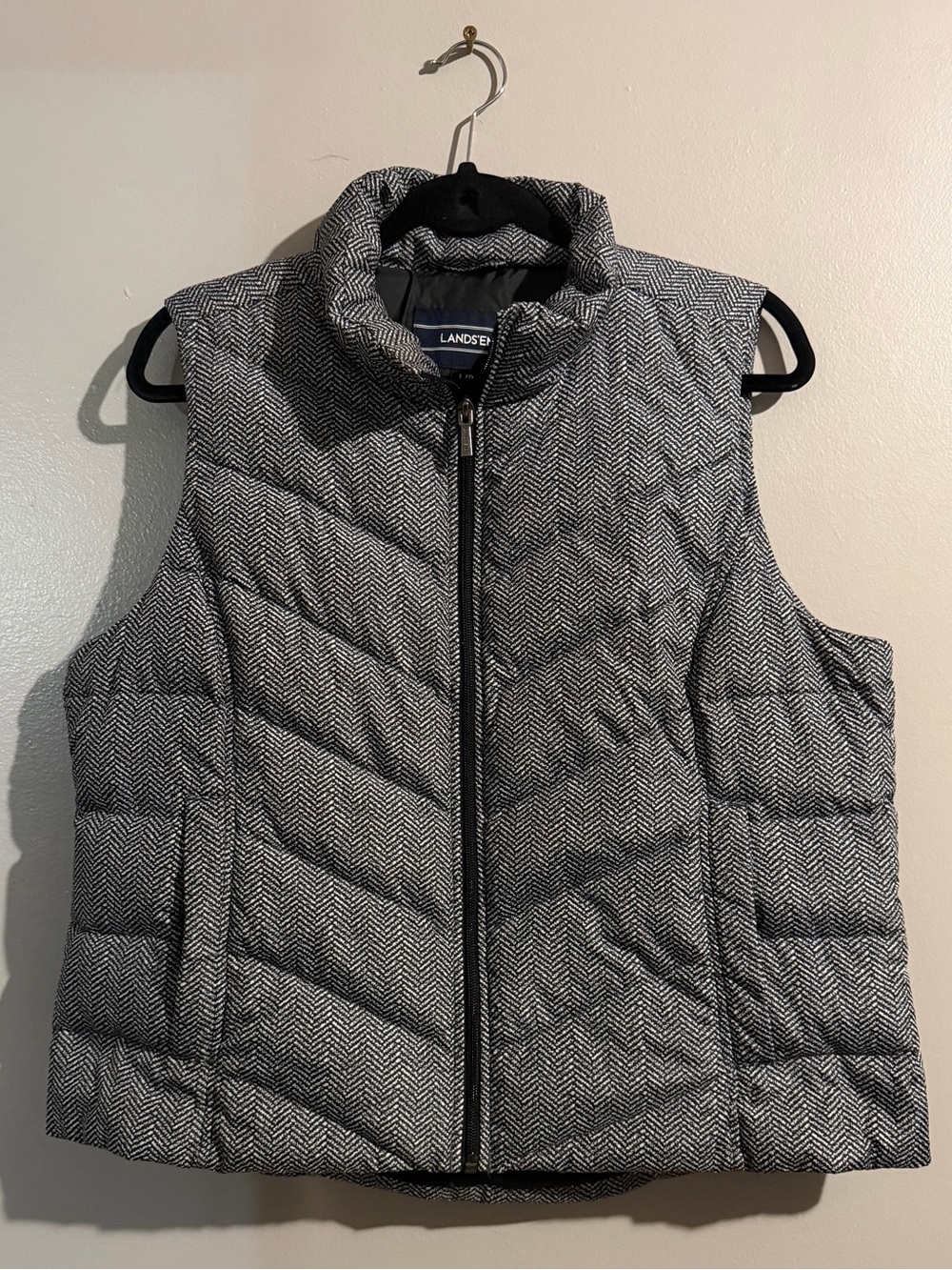 Lands' End Women's Black & White Herringbone Puffer Vest